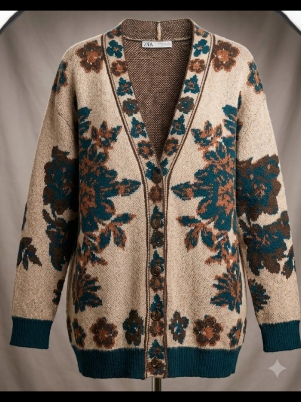 Zara Beige Oversized Cardigan Teal Brown Floral Knit (S) Cozy Cottagecore Fall